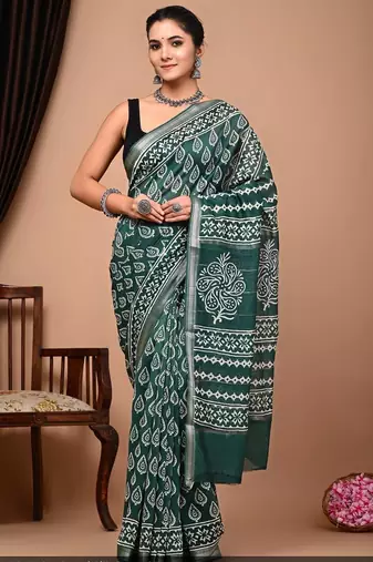 Green maheshwari silk saree with woven borders and beautiful hand block print