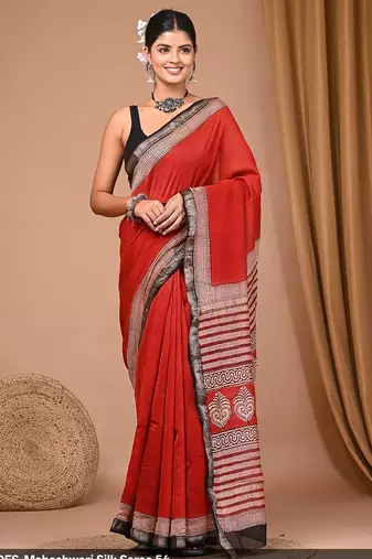 Red maheshwari silk saree with woven borders and beautiful hand block print