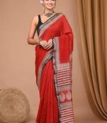 Red maheshwari silk saree with woven borders and beautiful hand block print