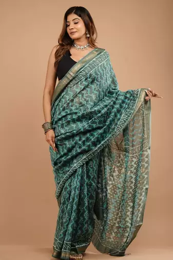 Green maheshwari silk saree with woven borders and beautiful hand block print