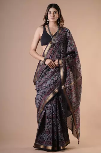Black maheshwari silk saree with woven borders and beautiful hand block print