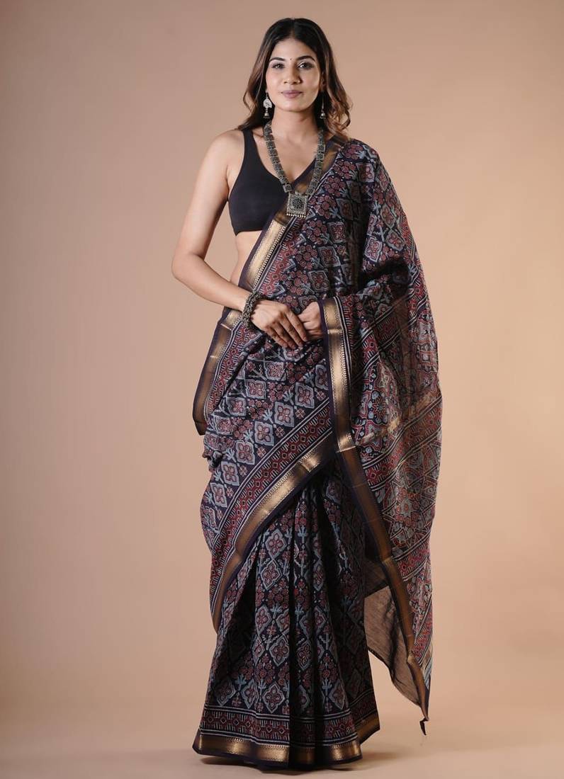Black maheshwari silk saree with woven borders and beautiful hand block print