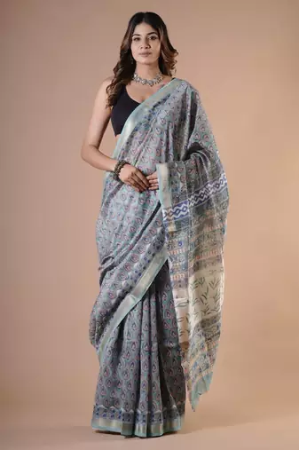 Grey maheshwari silk saree with woven borders and beautiful hand block print