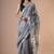 Grey maheshwari silk saree with woven borders and beautiful hand block print