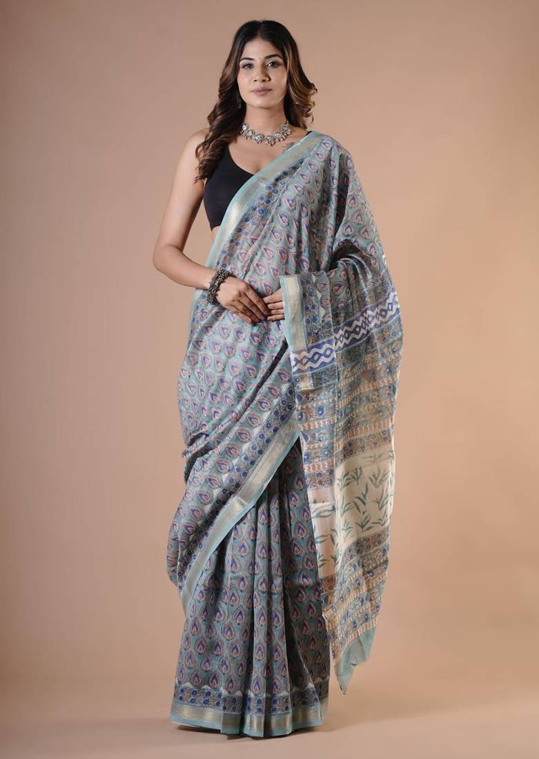 Grey maheshwari silk saree with woven borders and beautiful hand block print