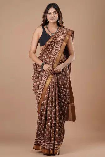 Brown maheshwari silk saree with woven borders and beautiful hand block print