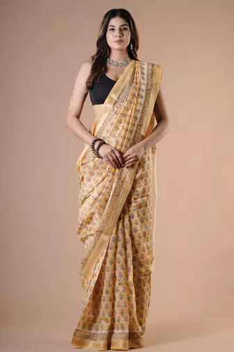 Light yellow maheshwari silk saree with woven borders and beautiful hand block print