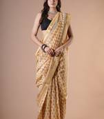 Light yellow maheshwari silk saree with woven borders and beautiful hand block print