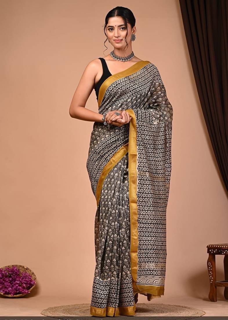 Multicolor maheshwari silk saree with woven borders and beautiful hand block print