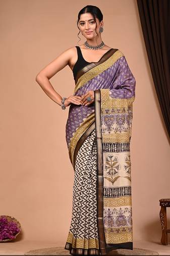 Multicolor maheshwari silk saree with woven borders and beautiful hand block print