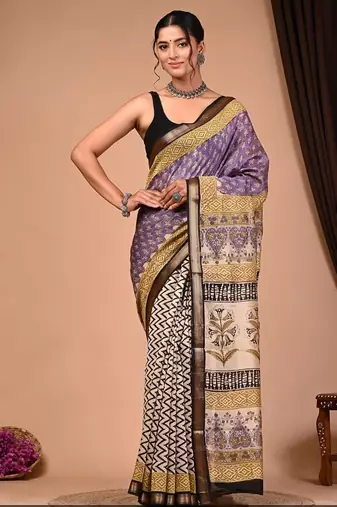Multicolor maheshwari silk saree with woven borders and beautiful hand block print