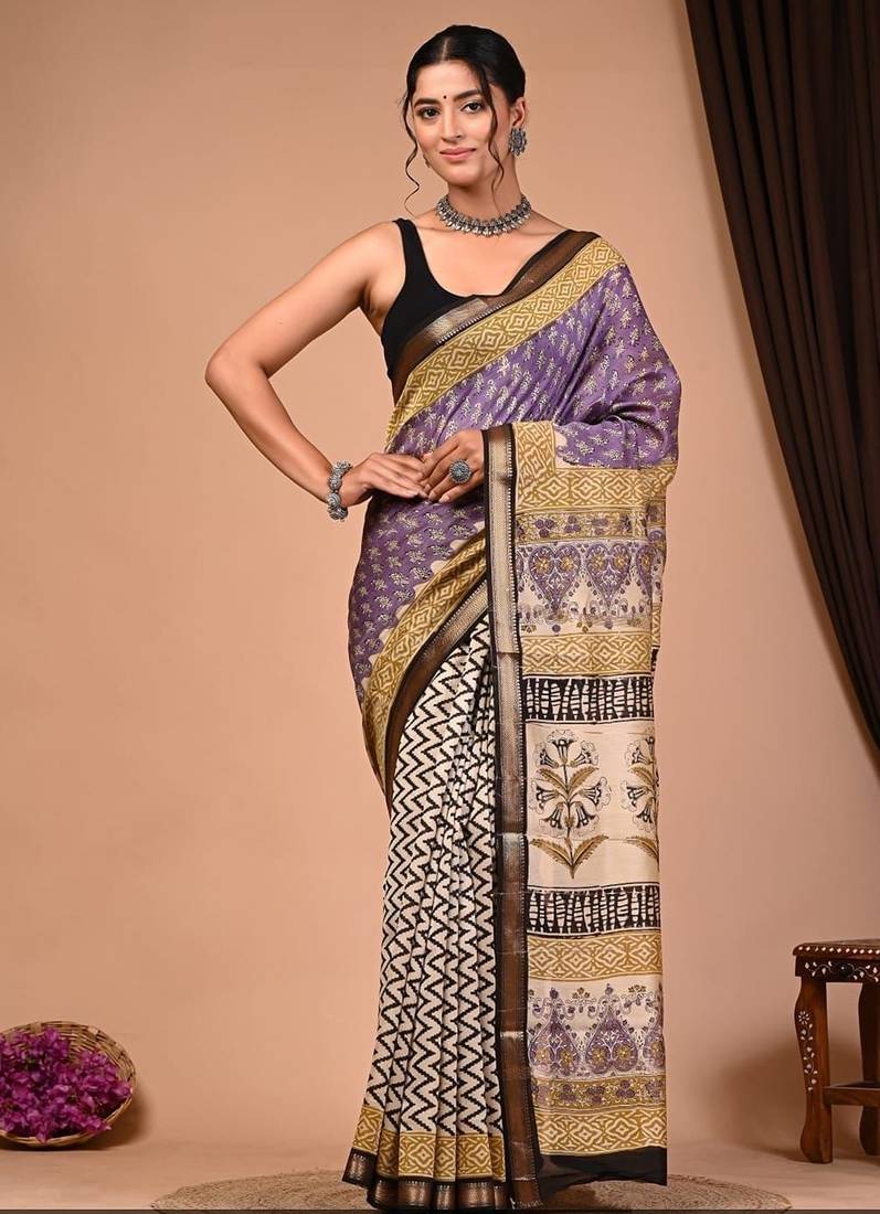 Multicolor maheshwari silk saree with woven borders and beautiful hand block print