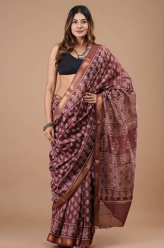 Purple maheshwari silk saree with woven borders and beautiful hand block print
