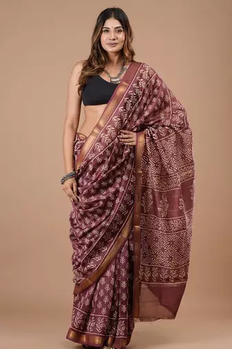 Purple maheshwari silk saree with woven borders and beautiful hand block print