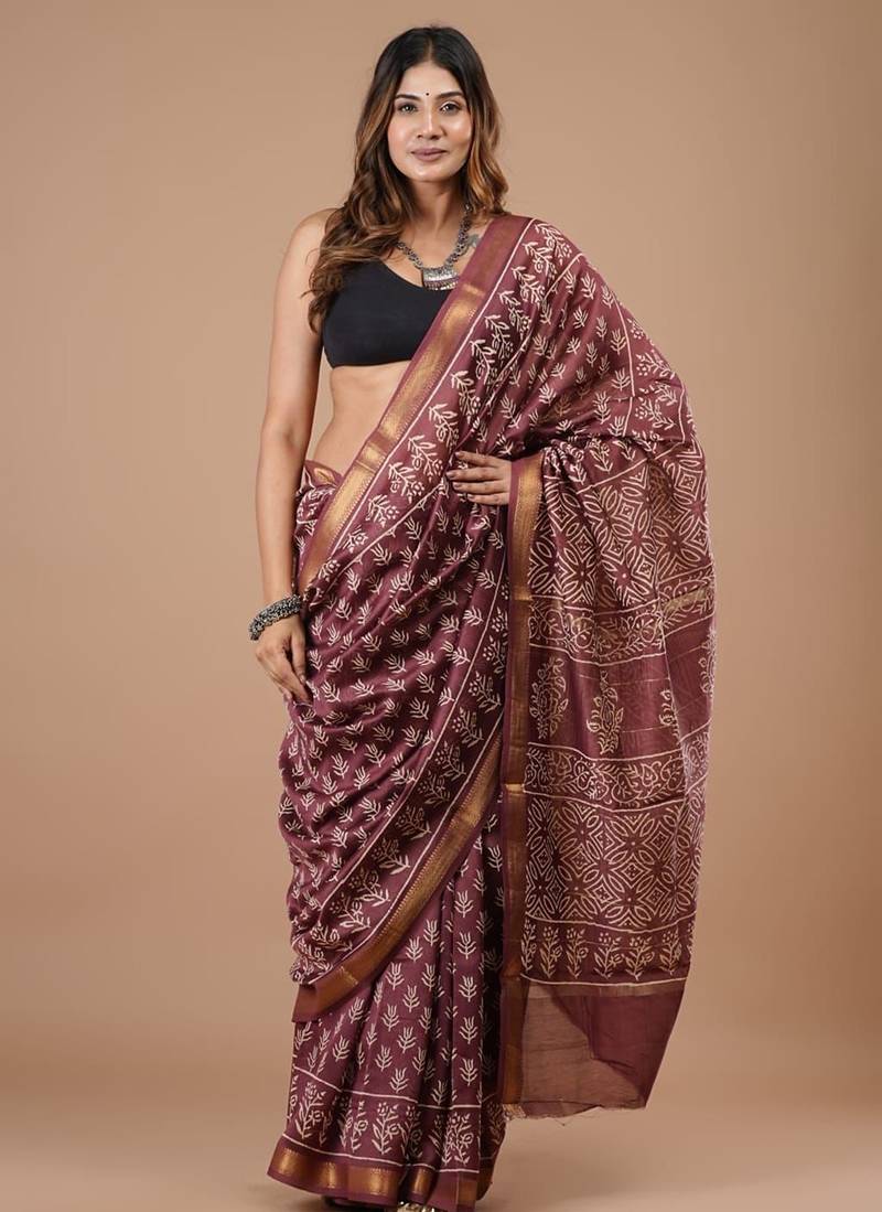 Purple maheshwari silk saree with woven borders and beautiful hand block print
