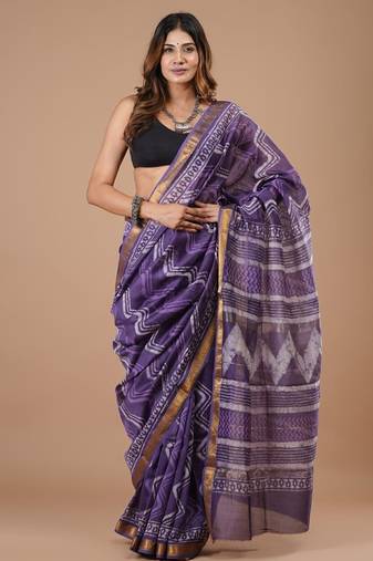 Blue maheshwari silk saree with woven borders and beautiful hand block print