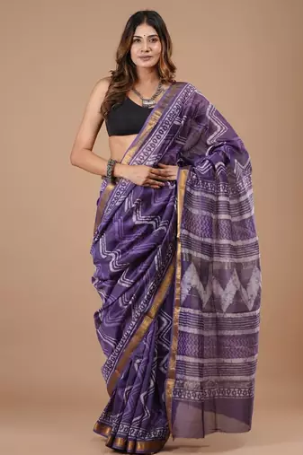 Blue maheshwari silk saree with woven borders and beautiful hand block print