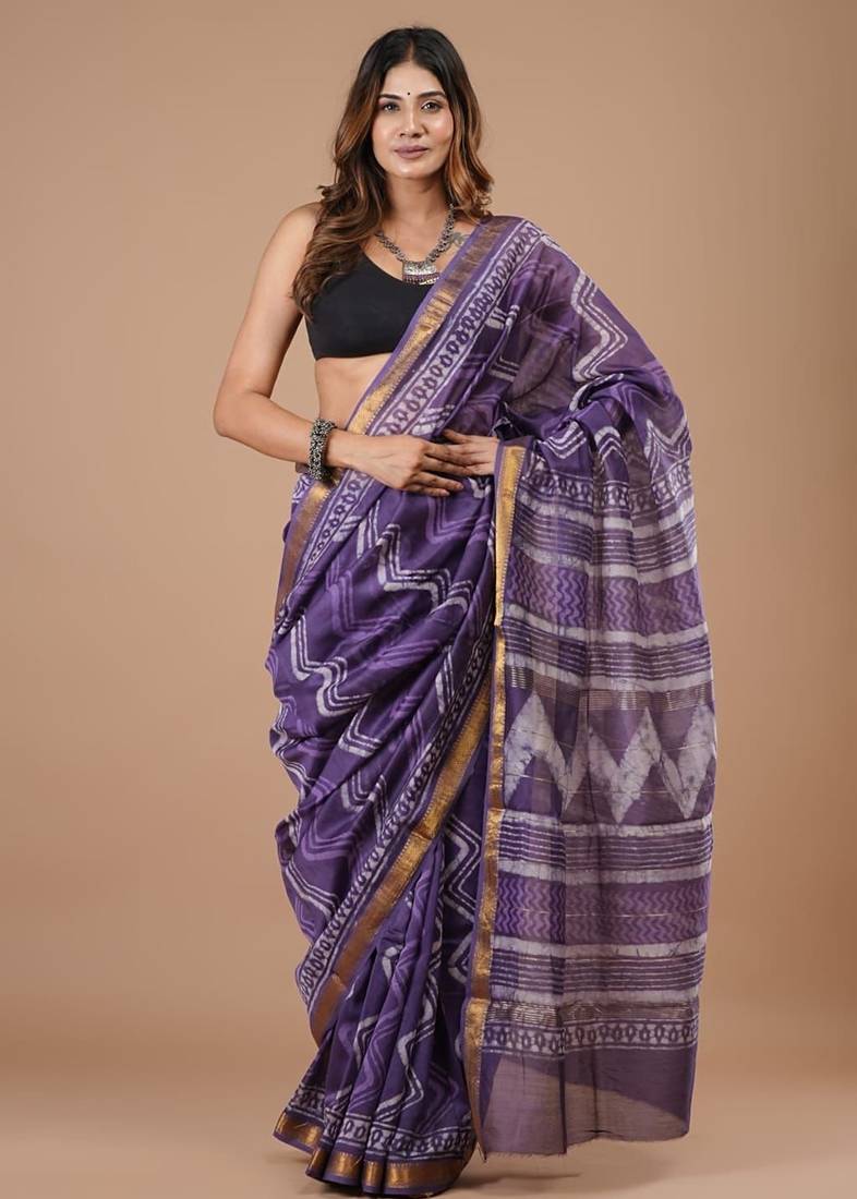 Blue maheshwari silk saree with woven borders and beautiful hand block print