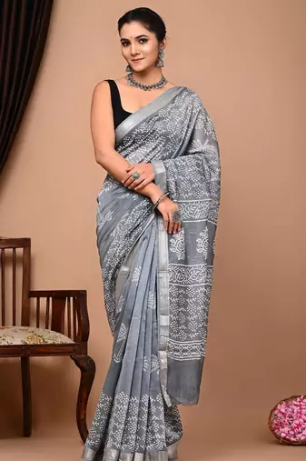 Grey maheshwari silk saree with woven borders and beautiful hand block print