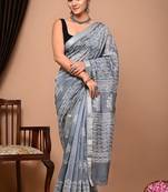 Grey maheshwari silk saree with woven borders and beautiful hand block print