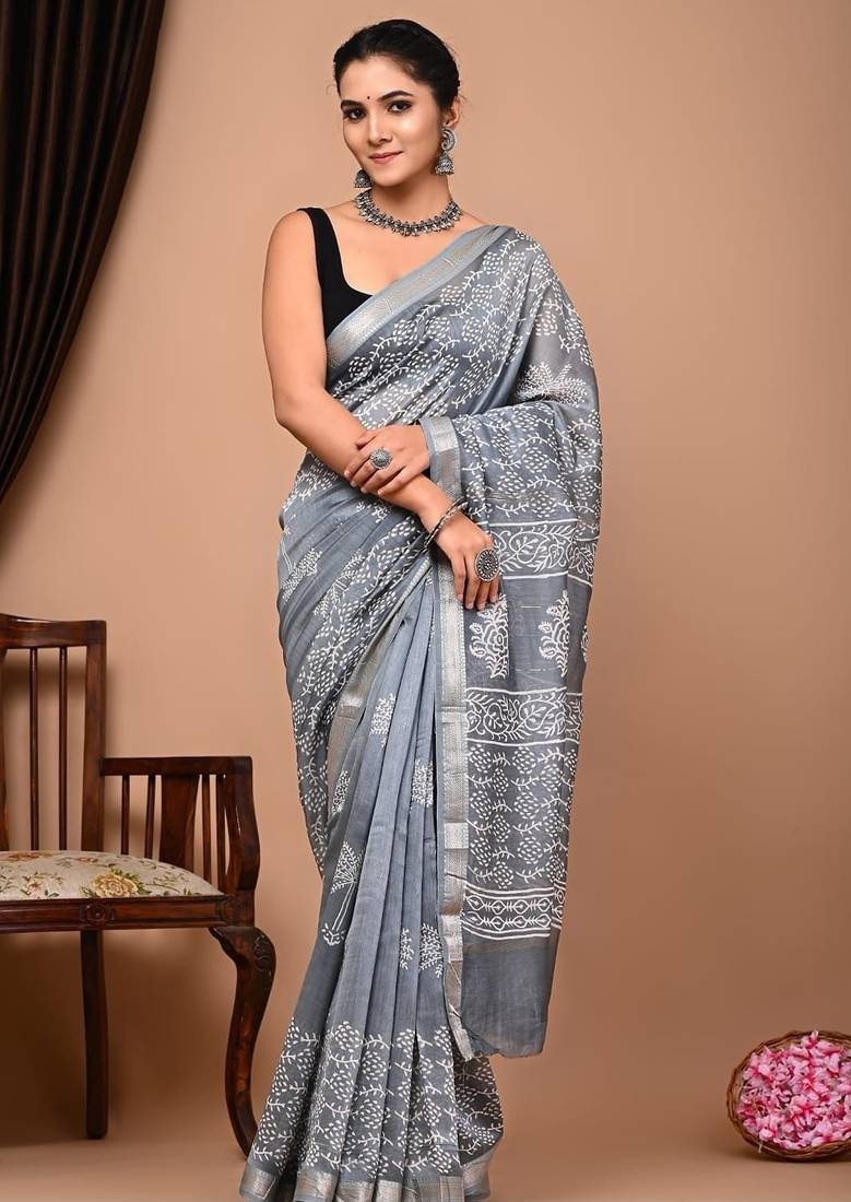 Grey maheshwari silk saree with woven borders and beautiful hand block print