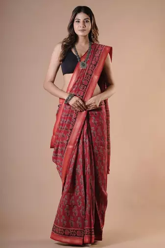 Maroon maheshwari silk saree with woven borders and beautiful hand block print