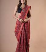 Maroon maheshwari silk saree with woven borders and beautiful hand block print