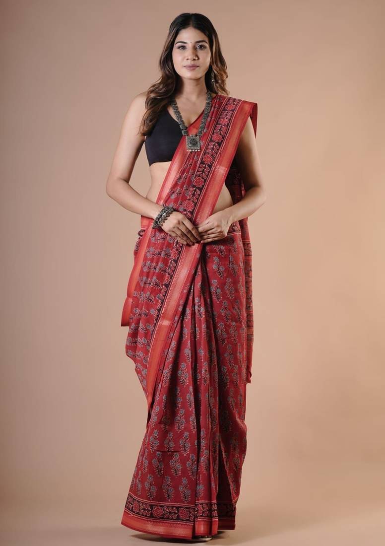 Maroon maheshwari silk saree with woven borders and beautiful hand block print