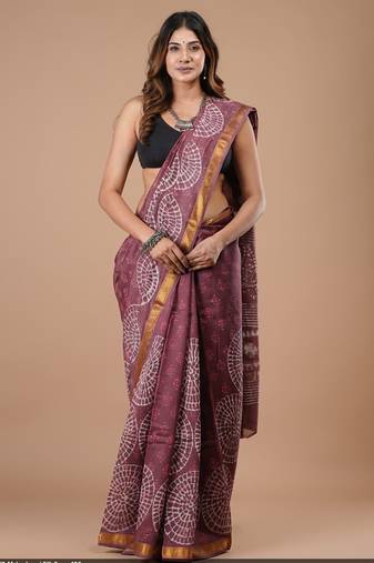 Purple maheshwari silk saree with woven borders and beautiful hand block print
