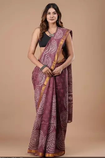 Purple maheshwari silk saree with woven borders and beautiful hand block print