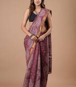 Purple maheshwari silk saree with woven borders and beautiful hand block print