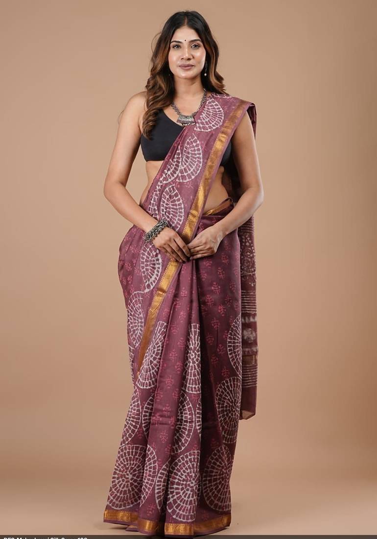 Purple maheshwari silk saree with woven borders and beautiful hand block print