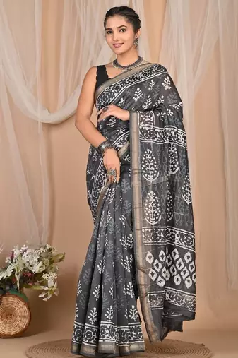 Grey maheshwari silk saree with woven borders and beautiful hand block print