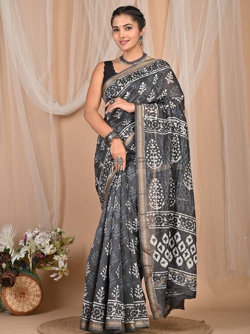 Grey maheshwari silk saree with woven borders and beautiful hand block print