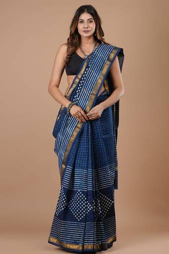 Blue maheshwari silk saree with woven borders and beautiful hand block print