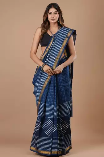 Blue maheshwari silk saree with woven borders and beautiful hand block print