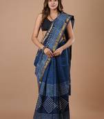Blue maheshwari silk saree with woven borders and beautiful hand block print
