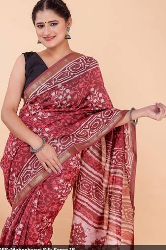 Red maheshwari silk saree with woven borders and beautiful hand block print