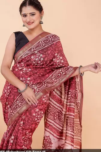 Red maheshwari silk saree with woven borders and beautiful hand block print