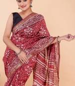 Red maheshwari silk saree with woven borders and beautiful hand block print