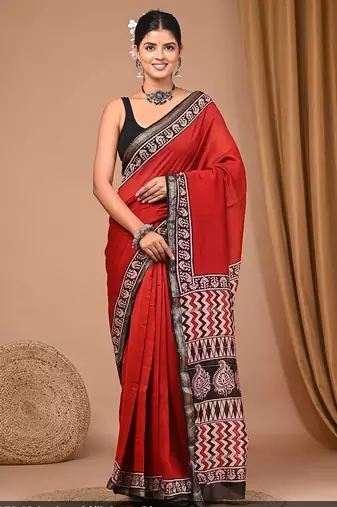 Red maheshwari silk saree with woven borders and beautiful hand block print