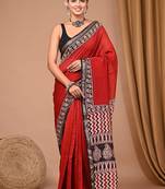 Red maheshwari silk saree with woven borders and beautiful hand block print