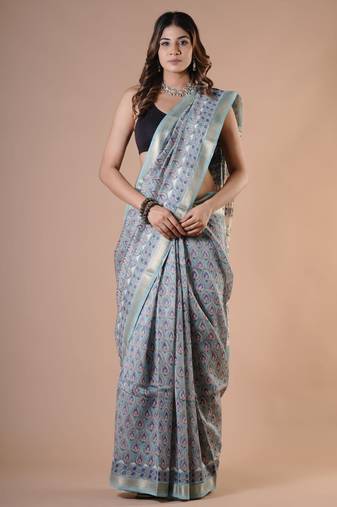 Grey maheshwari silk saree with woven borders and beautiful hand block print