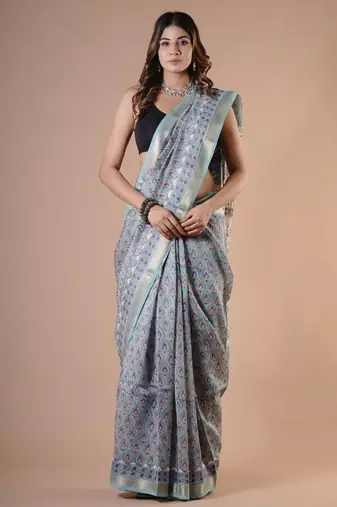 Grey maheshwari silk saree with woven borders and beautiful hand block print