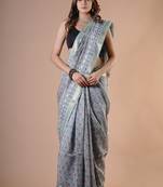 Grey maheshwari silk saree with woven borders and beautiful hand block print
