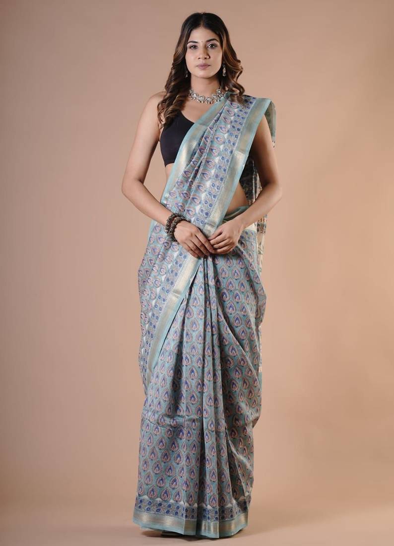 Grey maheshwari silk saree with woven borders and beautiful hand block print