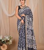 Grey maheshwari silk saree with woven borders and beautiful hand block print