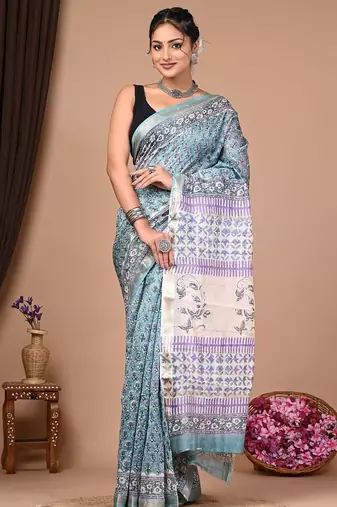 Light grey maheshwari silk saree with woven borders and beautiful hand block print