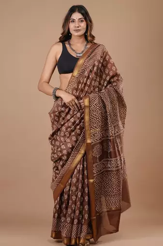 Brown maheshwari silk saree with woven borders and beautiful hand block print