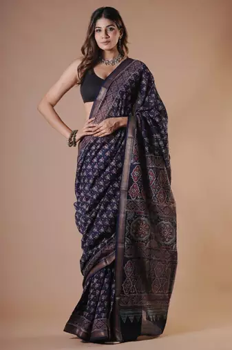 Black maheshwari silk saree with woven borders and beautiful hand block print